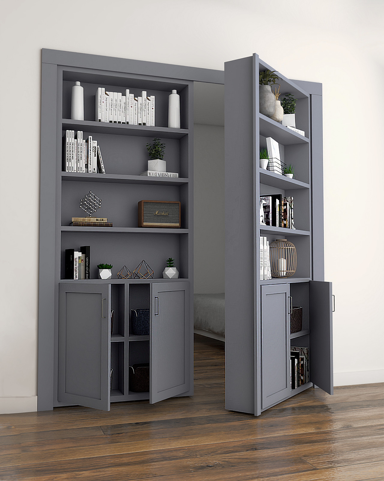 Double Hidden Bookcase Door – Cabinet Base Design (Style 3) — view 3