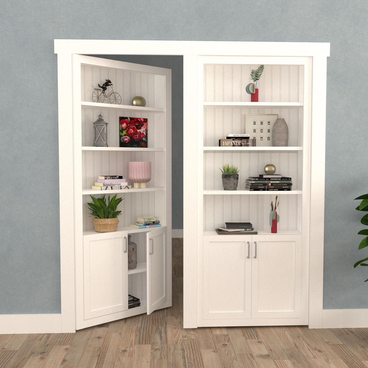 Double Hidden Bookcase Door – Cabinet Base Design (Style 3) — view 2