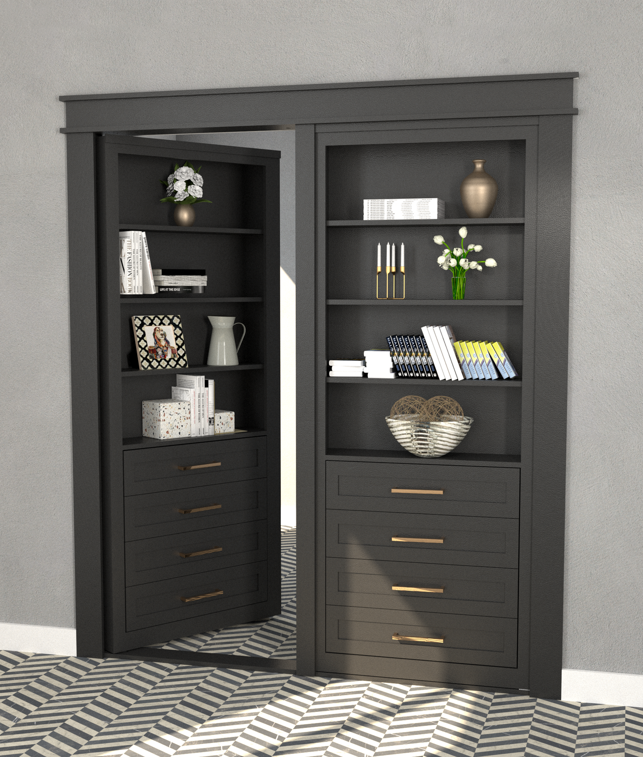 Double Hidden Bookcase Door – Drawer Base Design (Style 4) by Maderra