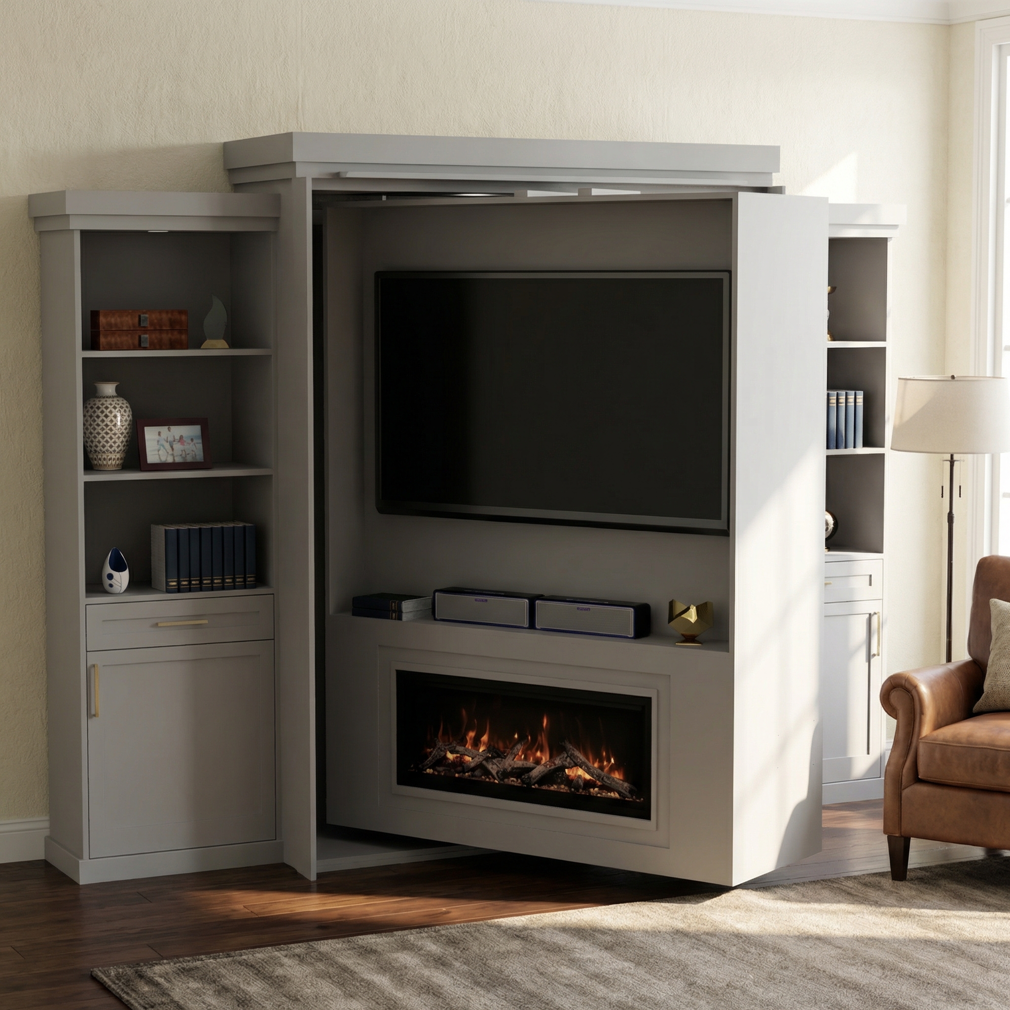 Rotating Murphy Bed Cabinet with Fireplace (Style 6) by Maderra